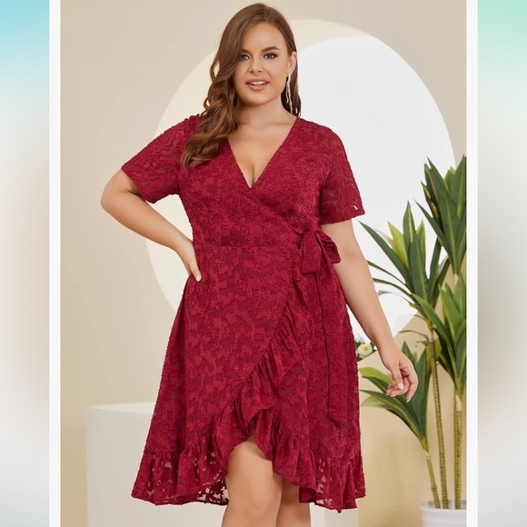 New-Burgundy Short Sleeve Wrap Ruffle Midi Dresses 4XL - Picture 6 of 9